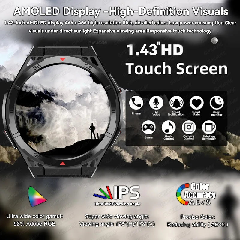 GPS Outdoor Smartwatch: 1.43" AMOLED, Heart Rate Monitor, Bluetooth Calling, IP69K Waterproof