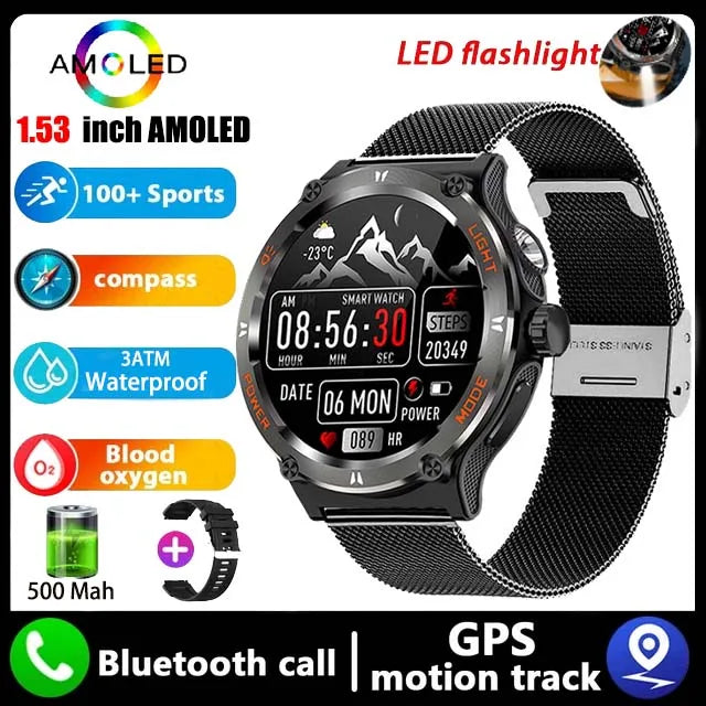 Rugged Military Smartwatch for Men: GPS, 500mAh Battery, Fitness Tracker, 3ATM Waterproof