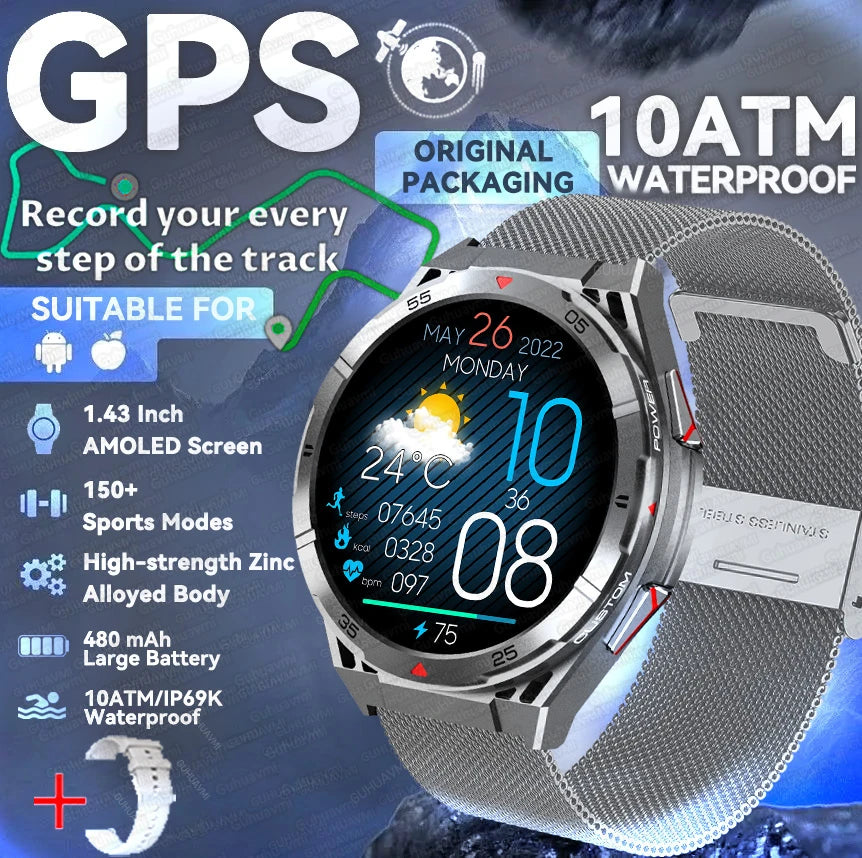 GPS Outdoor Smartwatch: 1.43" AMOLED, Heart Rate Monitor, Bluetooth Calling, IP69K Waterproof