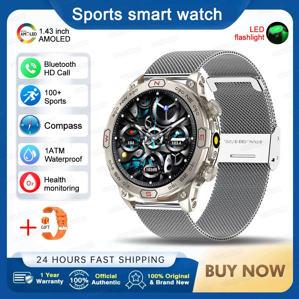 2025 Smart Watch - 1.43'' AMOLED, GPS, Fitness Tracker, BT 5.3, LED Lights, Compass