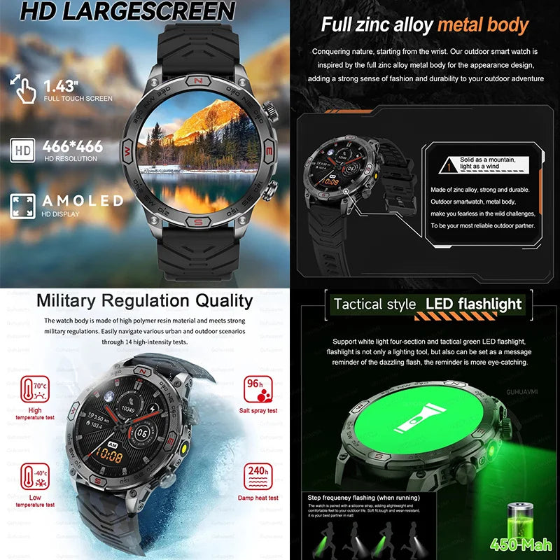 2025 Smart Watch - 1.43'' AMOLED, GPS, Fitness Tracker, BT 5.3, LED Lights, Compass