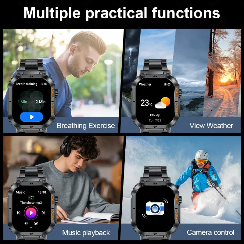 LIGE Military Men Smart Watch 2.02'' HD Screen LED Flashlight Compass Watches 3ATM Waterproof Outdoor Sports Smartwatch 2025 New