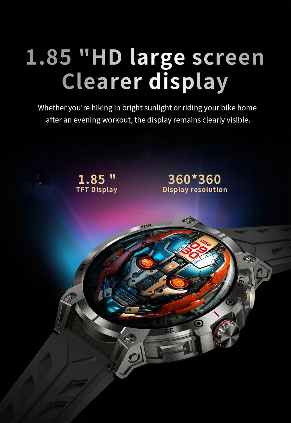 Military Smartwatch for Men - 760mAh, Compass, LED Flashlight, 1.8" HD, Waterproof