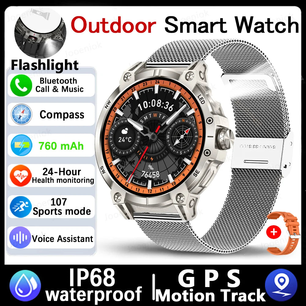 Military Smartwatch for Men - 760mAh, Compass, LED Flashlight, 1.8" HD, Waterproof