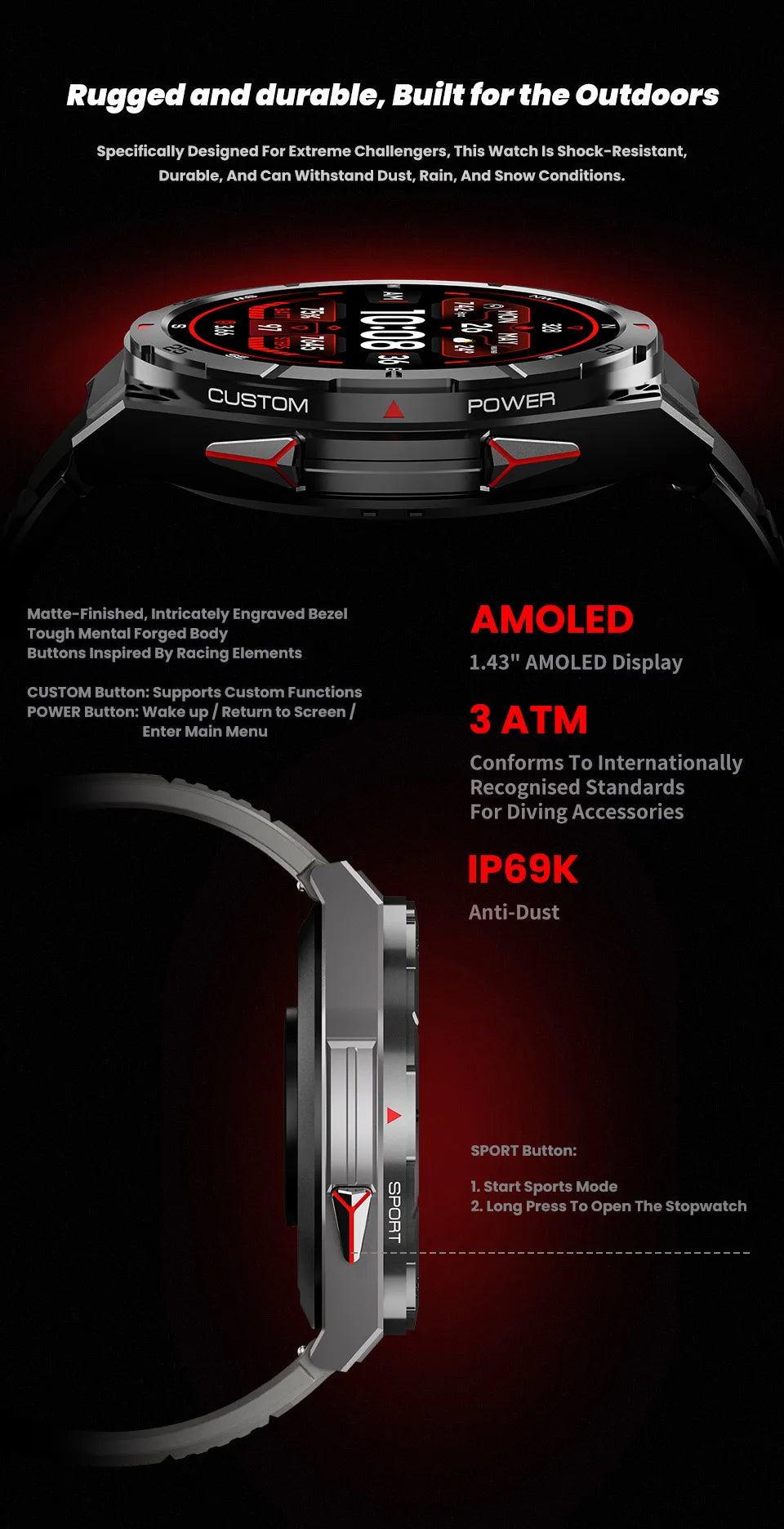 GPS Outdoor Smartwatch: 1.43" AMOLED, Heart Rate Monitor, Bluetooth Calling, IP69K Waterproof