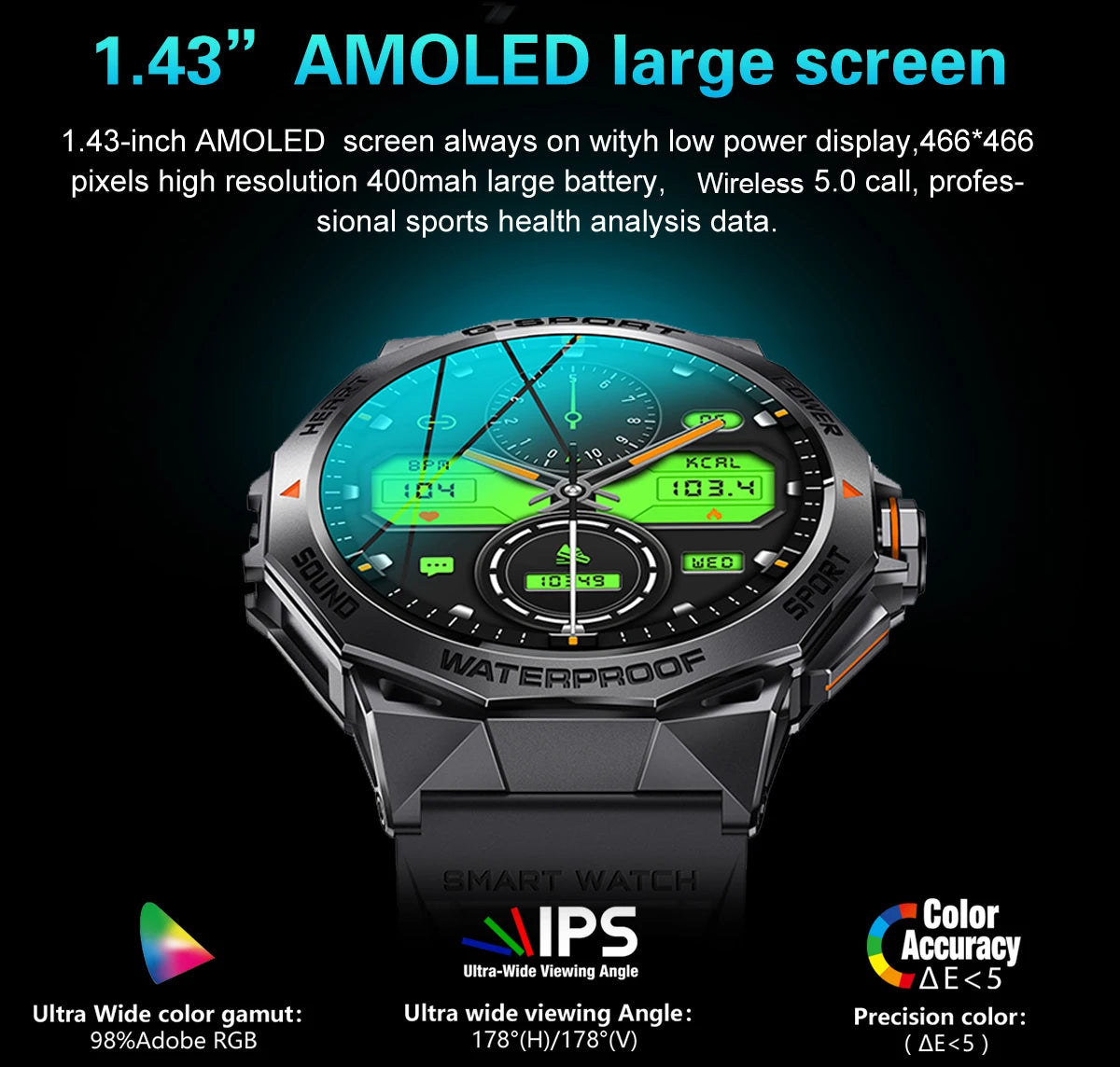 1.43" AMOLED Smart Watch for Men – Bluetooth Calls, Fitness Tracker, Heart Rate & Blood Pressure Monitor