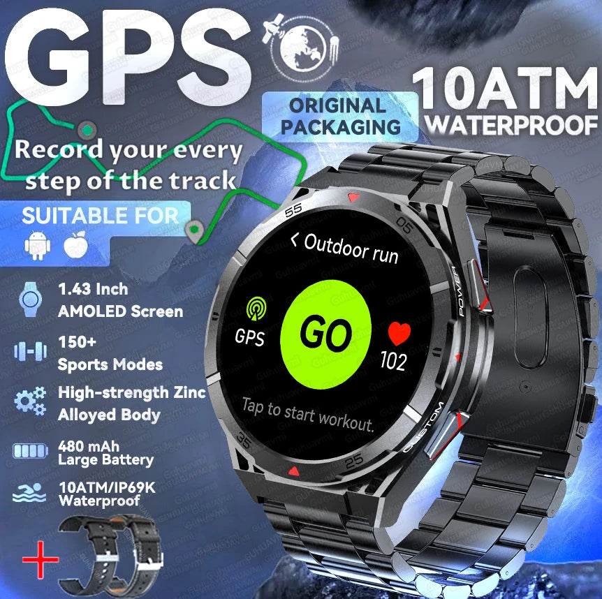 GPS Outdoor Smartwatch: 1.43" AMOLED, Heart Rate Monitor, Bluetooth Calling, IP69K Waterproof