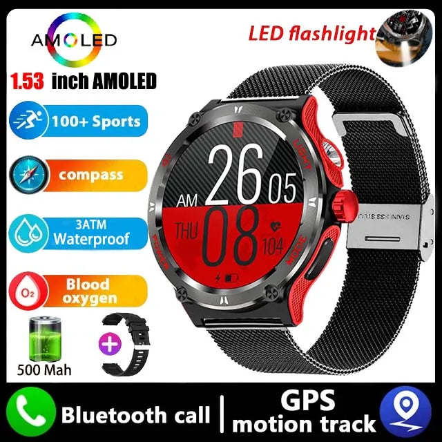 Rugged Military Smartwatch for Men: GPS, 500mAh Battery, Fitness Tracker, 3ATM Waterproof