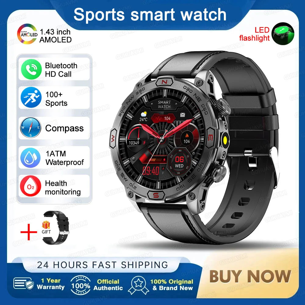 2025 Smart Watch - 1.43'' AMOLED, GPS, Fitness Tracker, BT 5.3, LED Lights, Compass