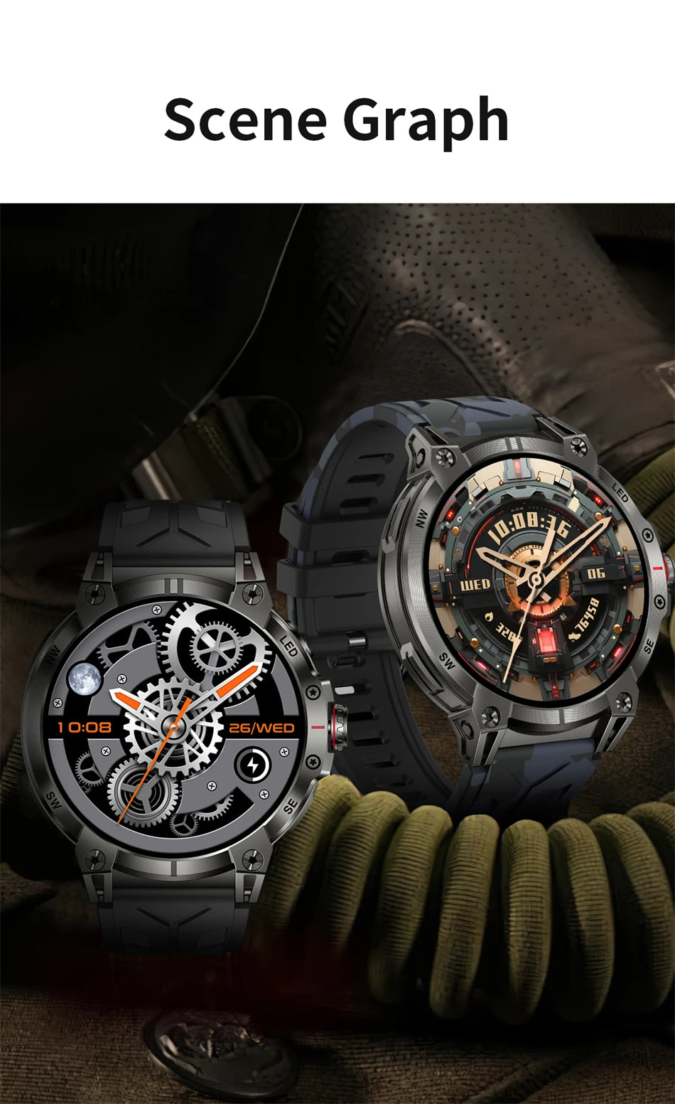 Military Smartwatch for Men - 760mAh, Compass, LED Flashlight, 1.8" HD, Waterproof