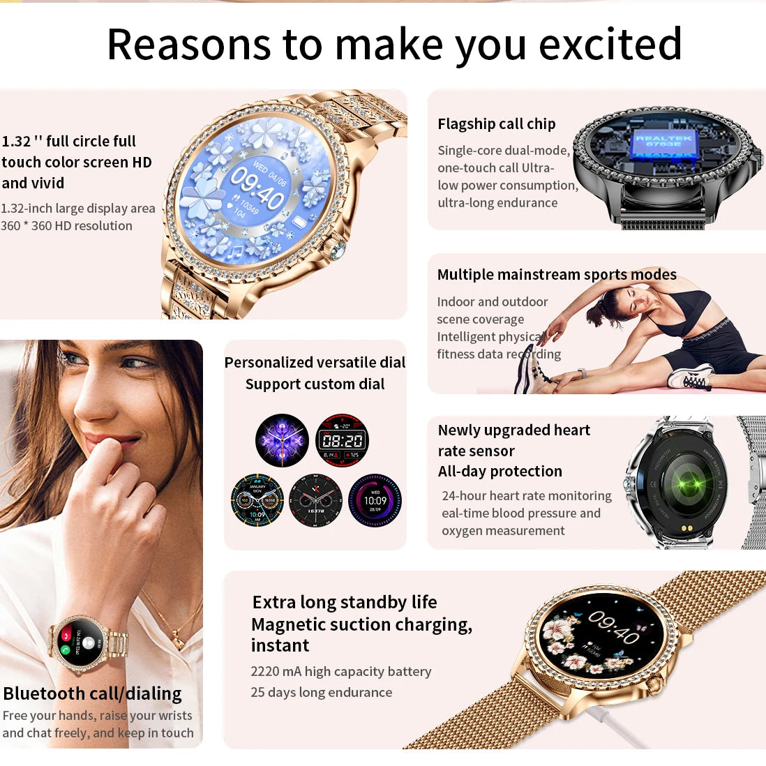 Gold Luxury Women's Smartwatch | 1.32" HD AMOLED Screen, Voice Call & Fitness Tracker