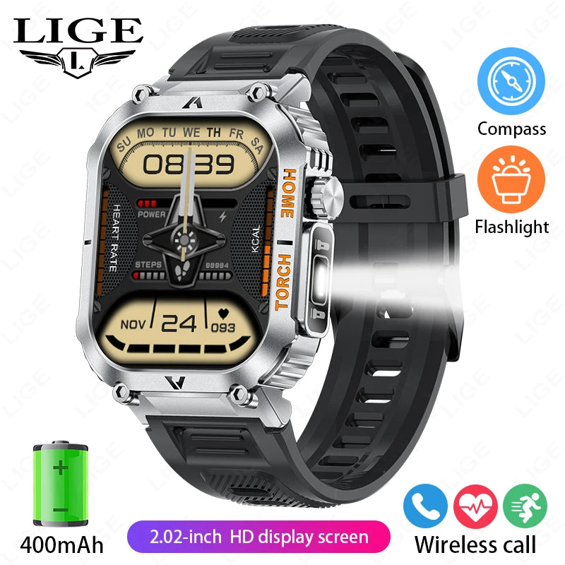 LIGE Military Men Smart Watch 2.02'' HD Screen LED Flashlight Compass Watches 3ATM Waterproof Outdoor Sports Smartwatch 2025 New