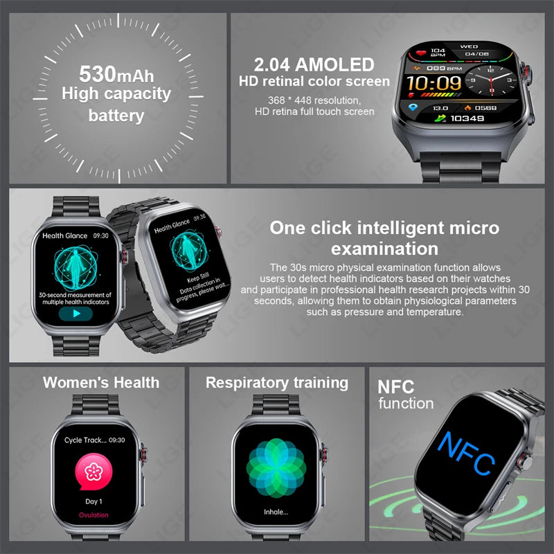 2.04" AI Medical Smartwatch, Blood Lipids, Uric Acid, ECG+PPG, Bluetooth Call, Waterproof