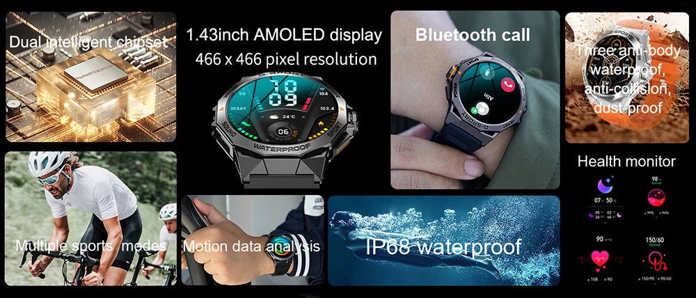 1.43” AMOLED Bluetooth Call Smart Watch for Men, Fitness Tracker, IP68 Waterproof