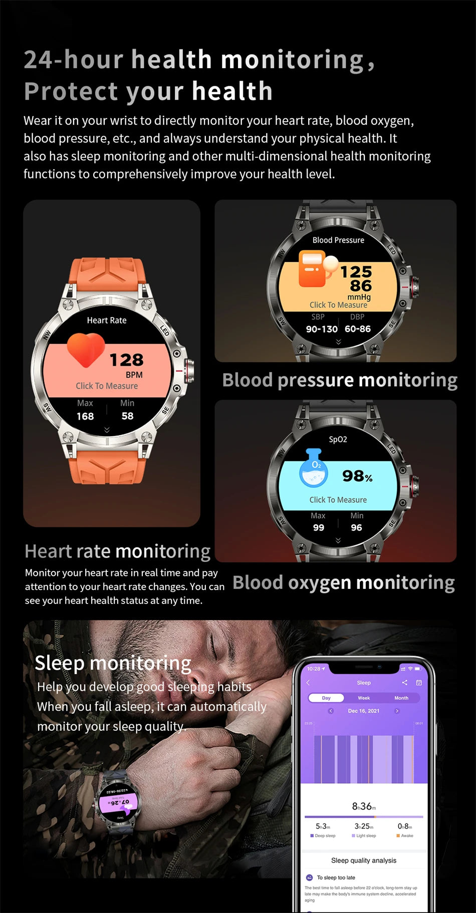 Military Smartwatch for Men - 760mAh, Compass, LED Flashlight, 1.8" HD, Waterproof