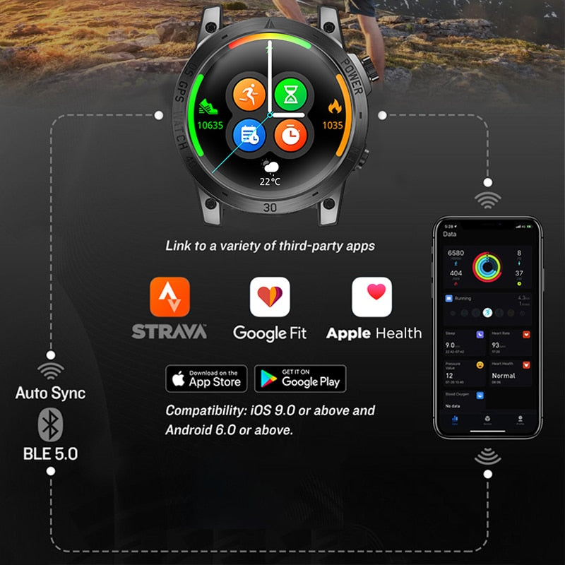 GPS Men Sport Smart Watch | 50M ATM HD AMOLED Altimeter Barometer Smartwatch.