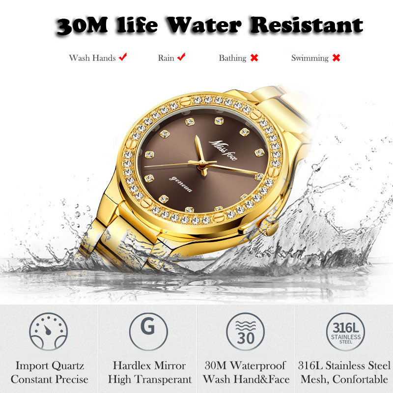 Woman's Luxury Watch | Japan Movt 30M Waterproof Gold Analog Female Wristwatch.
