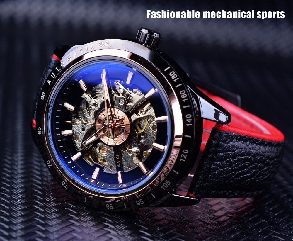 Automatic Mechanical Men's Watch | Waterproof Skeleton Genuine Black Belt Wristwatch.