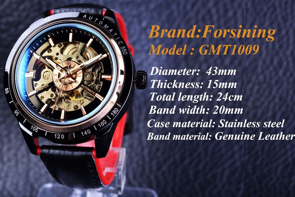 Automatic Mechanical Men's Watch | Waterproof Skeleton Genuine Black Belt Wristwatch.