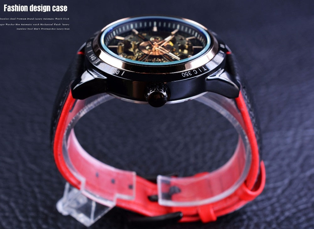 Automatic Mechanical Men's Watch | Waterproof Skeleton Genuine Black Belt Wristwatch.