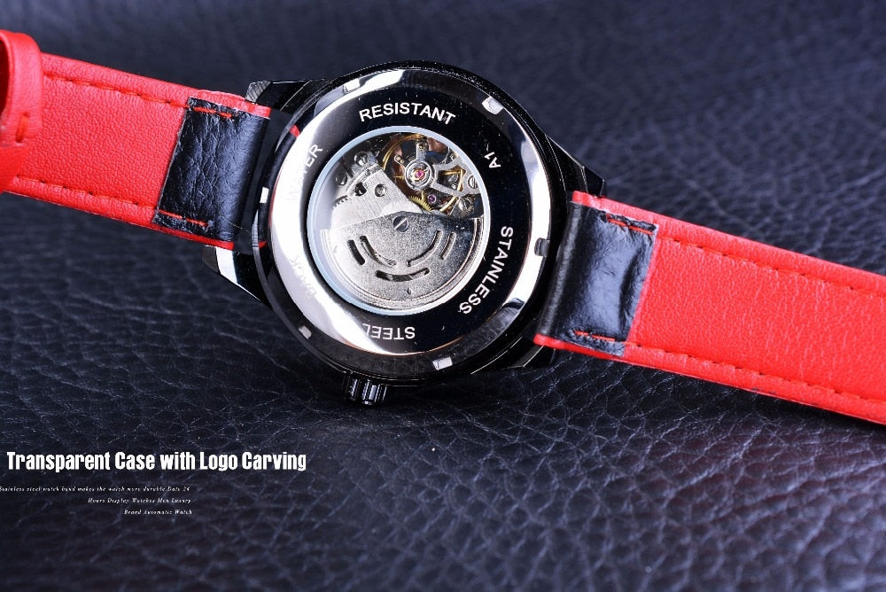 Automatic Mechanical Men's Watch | Waterproof Skeleton Genuine Black Belt Wristwatch.