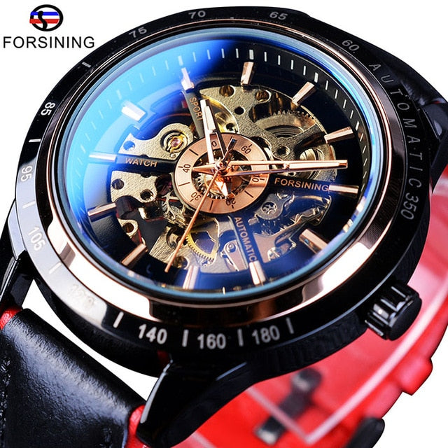 Automatic Mechanical Men's Watch | Waterproof Skeleton Genuine Black Belt Wristwatch.