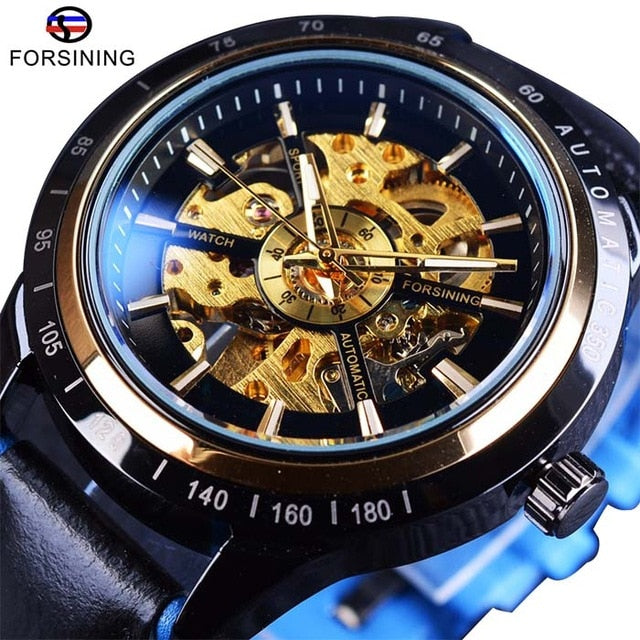 Automatic Mechanical Men's Watch | Waterproof Skeleton Genuine Black Belt Wristwatch.