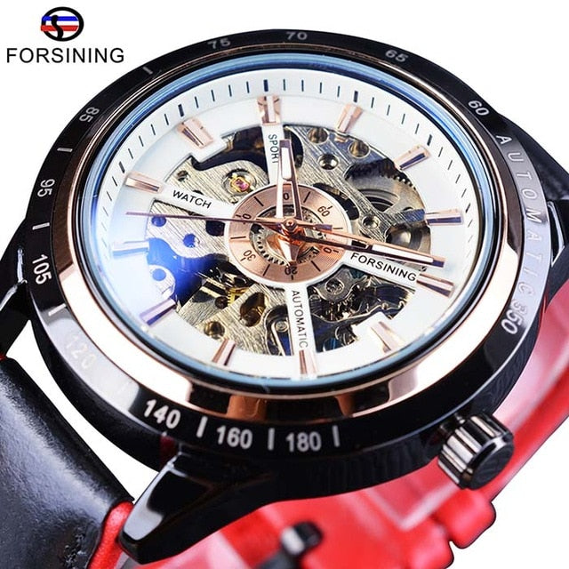 Automatic Mechanical Men's Watch | Waterproof Skeleton Genuine Black Belt Wristwatch.