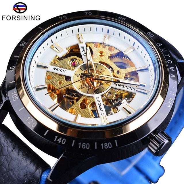 Automatic Mechanical Men's Watch | Waterproof Skeleton Genuine Black Belt Wristwatch.