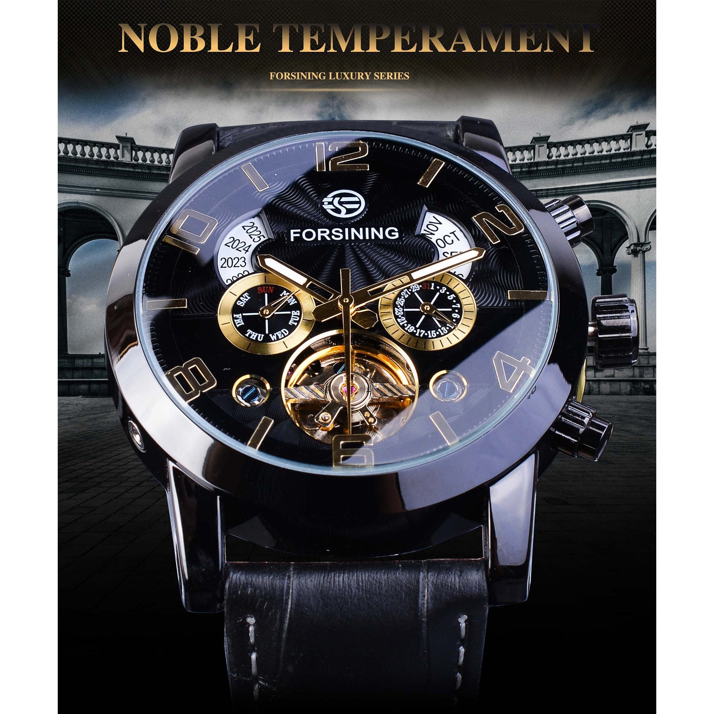 Automatic Mechanical Men's Watch | Multi Function Black Tourbillion Fashion Wristwatch.