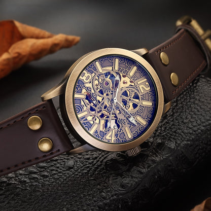 Mechanical Men's Watch | Retro Style Automatic Self Winding Genuine Leather Band Wristwatch.