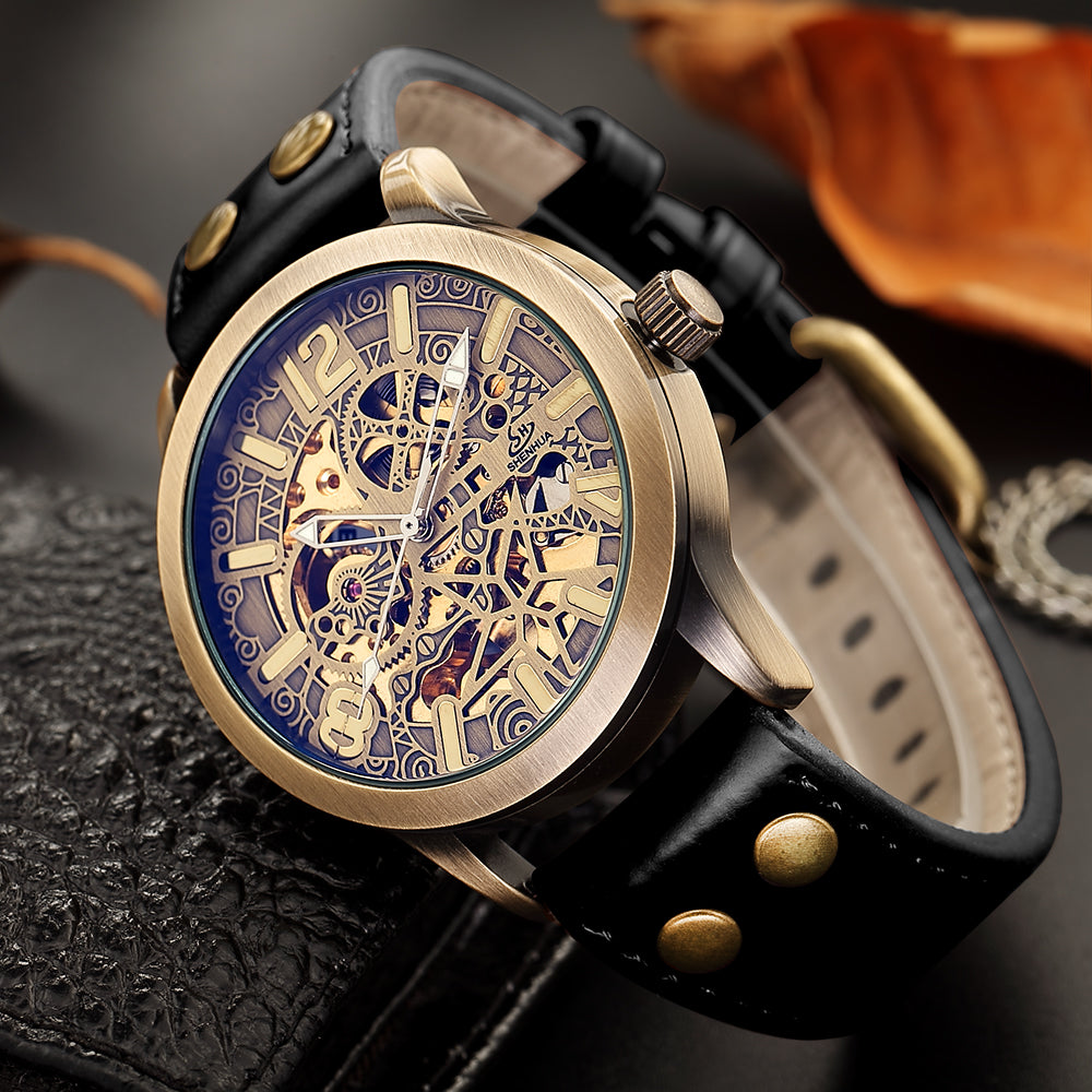 Mechanical Men's Watch | Retro Style Automatic Self Winding Genuine Leather Band Wristwatch.