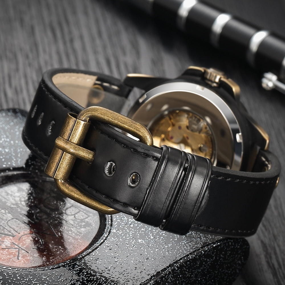 Mechanical Men's Watch | Retro Style Automatic Self Winding Genuine Leather Band Wristwatch.