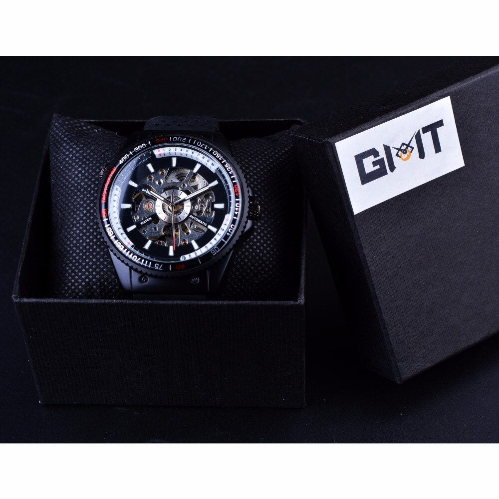 Automatic Mechanical Men's Watch | Sport Rotating Bezel Silicone Band Black Wristwatch.