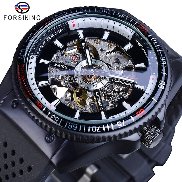 Automatic Mechanical Men's Watch | Sport Rotating Bezel Silicone Band Black Wristwatch.