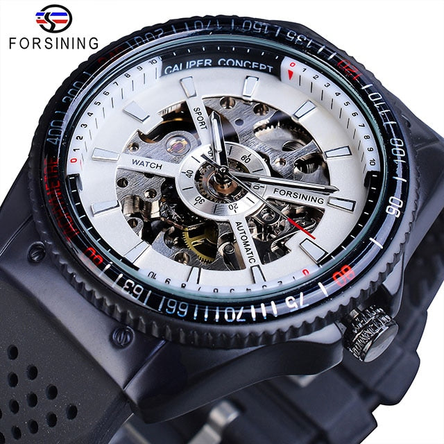 Automatic Mechanical Men's Watch | Sport Rotating Bezel Silicone Band Black Wristwatch.