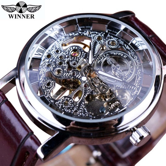 Men's Mechanical Watch | Skeleton Brown Leather Strap Casual Wristwatch.