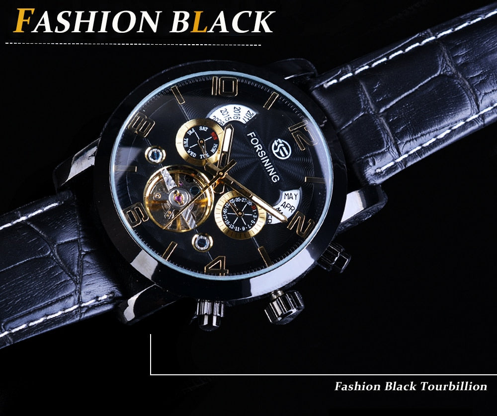 Automatic Mechanical Men's Watch | Multi Function Black Tourbillion Fashion Wristwatch.