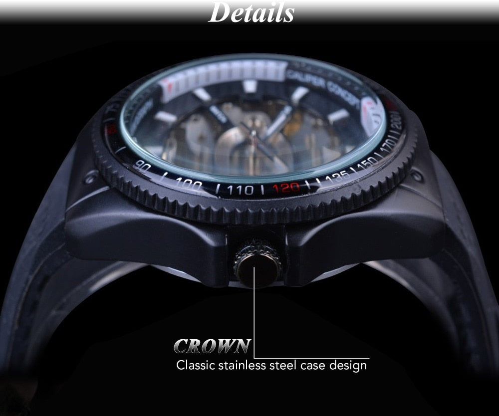 Automatic Mechanical Men's Watch | Sport Rotating Bezel Silicone Band Black Wristwatch.