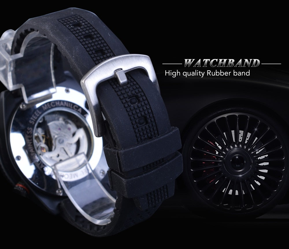 Automatic Mechanical Men's Watch | Sport Rotating Bezel Silicone Band Black Wristwatch.