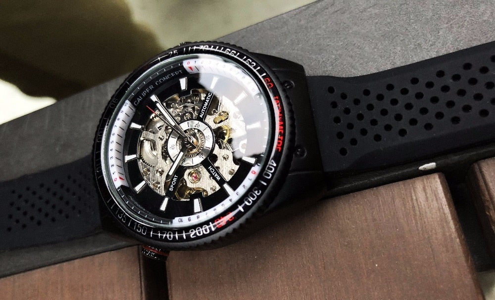 Automatic Mechanical Men's Watch | Sport Rotating Bezel Silicone Band Black Wristwatch.