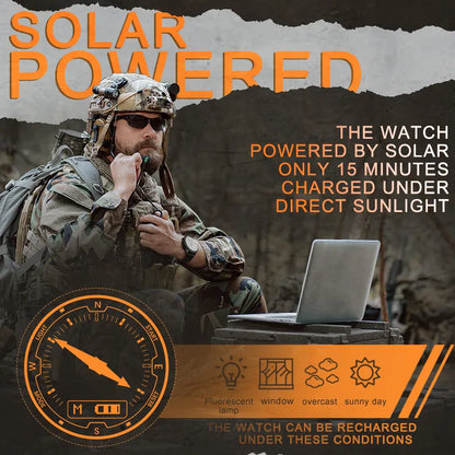 Outdoor Smart Solar Watch | Full Metal Waterproof 50M | Army Military Style.
