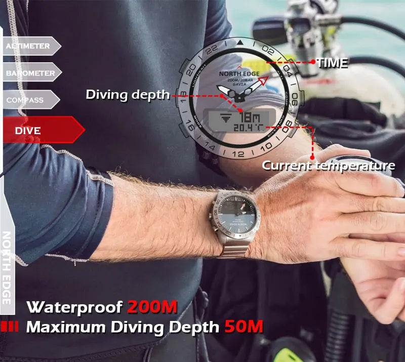 Men's Dive Sports Digital Watch | Military Luxury Full Steel Waterproof 200m Compass Altimeter