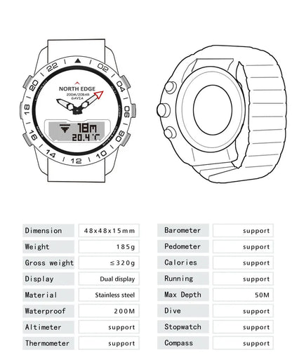 Men's Dive Sports Digital Watch | Military Luxury Full Steel Waterproof 200m Compass Altimeter