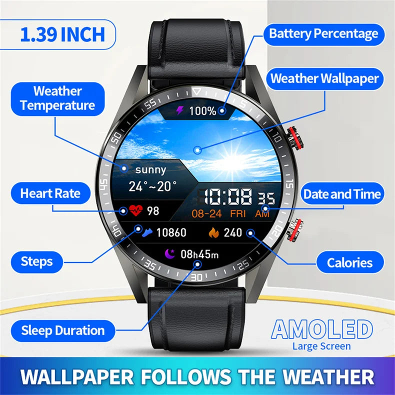 AMOLED Smartwatch for Men with Bluetooth Calls, Fitness Tracking, and Music Playback