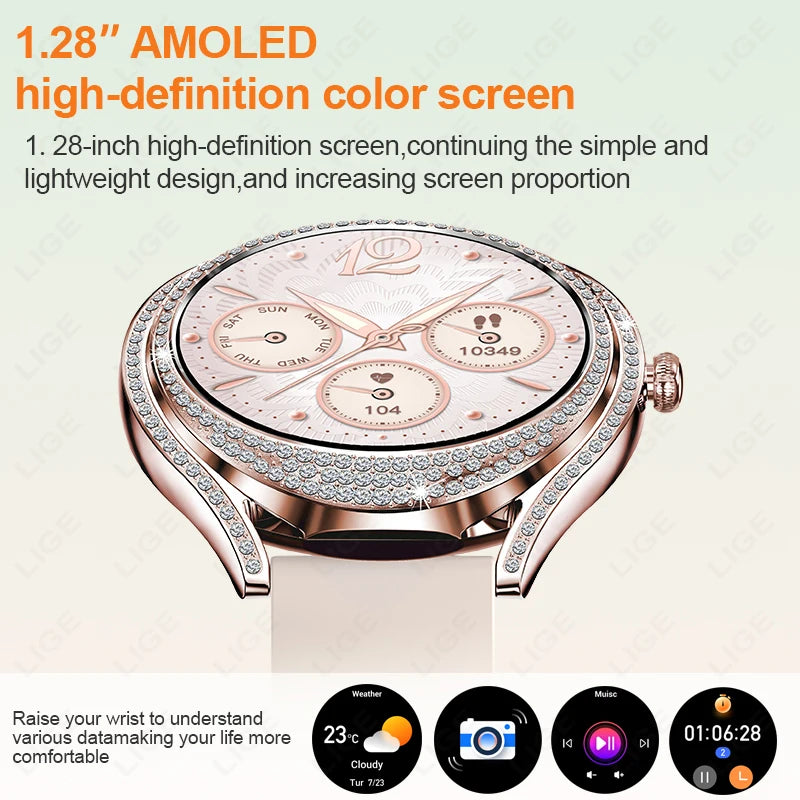 Fashion Smart Watch for Women | 1.28" AMOLED Fitness Tracker with HD Calling & Diamond Case