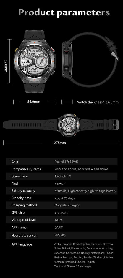 Military-Grade GPS Smartwatch: 1.45'' AMOLED Display, 100+ Sports Modes, Voice Calling