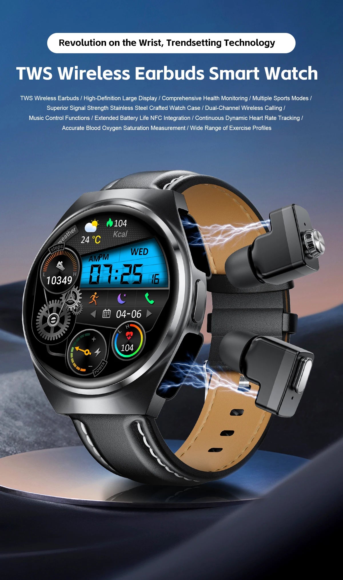 2-in-1 Smartwatch with TWS Earbuds, Heart Rate & Blood Oxygen Monitor, Bluetooth Call, NFC