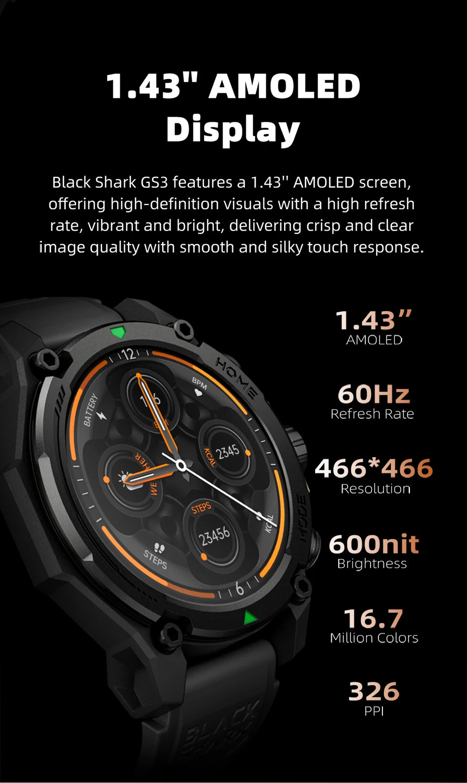 GS3 Smartwatch 1.43" AMOLED Display, 5ATM Waterproof, 21-Day Battery Life