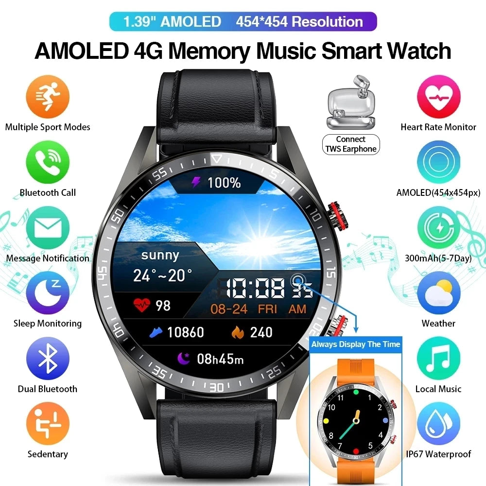 AMOLED Smartwatch for Men with Bluetooth Calls, Fitness Tracking, and Music Playback